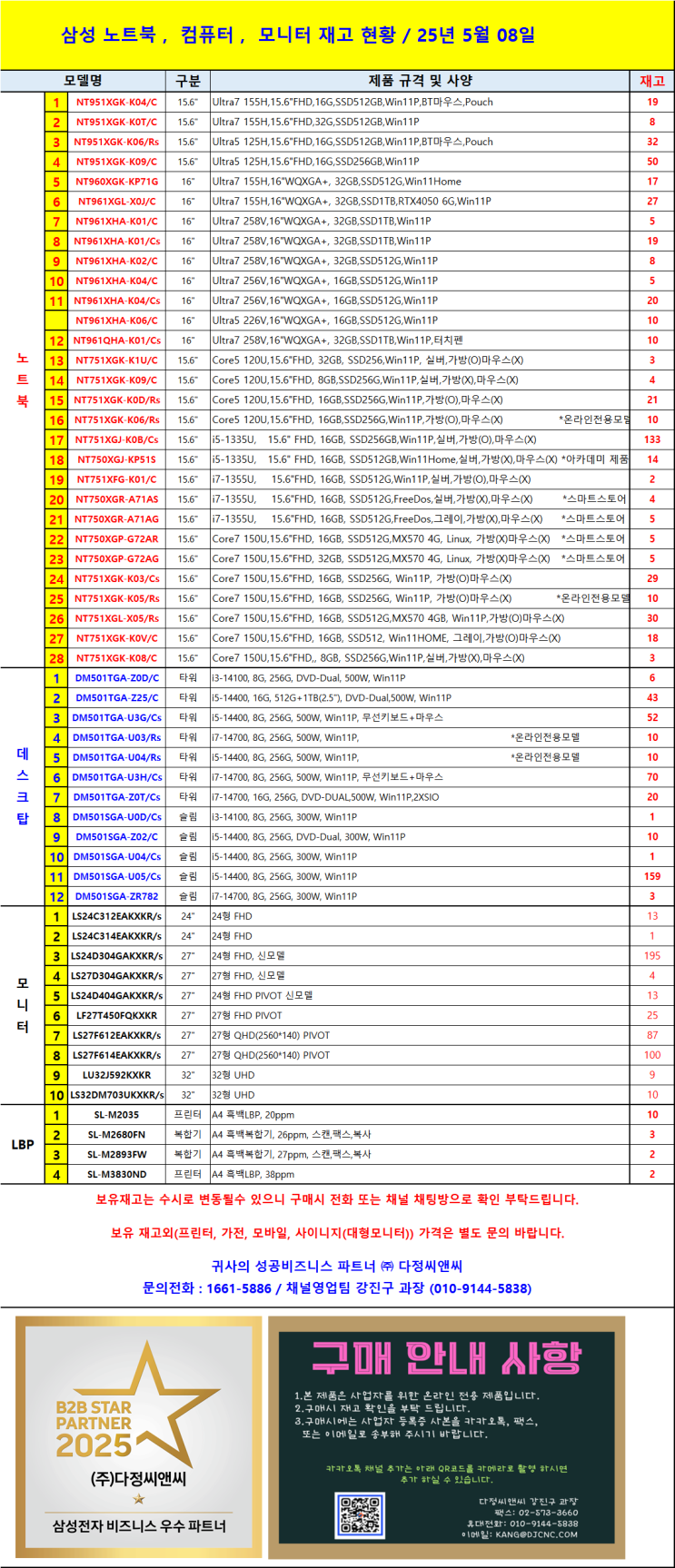   삼성전자 IT 제품 재고 현황 - 2025년 5월 8일 