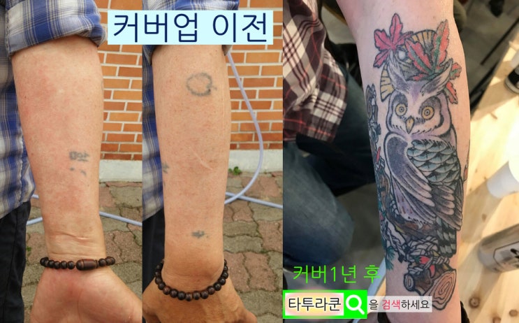  부엉이 타투/바늘문신 커버업/ 노화진행된 피부에도 타투 가능합니다./축제 타투이벤트/ 타투발색 비교사진[홍대 타투라쿤]