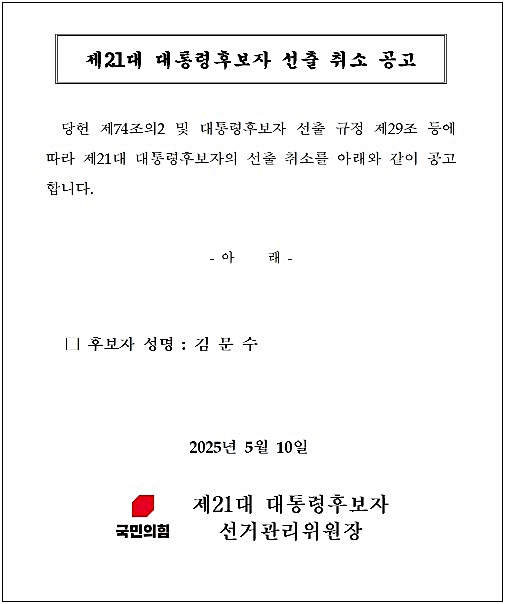 '<b>김문수</b> 취소→한덕수 <b>등록</b>' "국민의힘 <b>대선 후보</b> 교체"