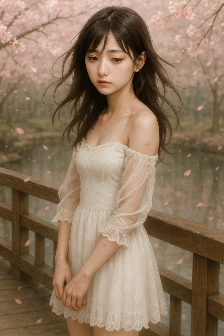  봄날의 다리 위 소녀 일러스트