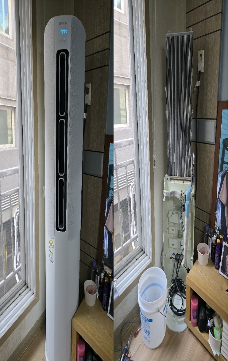  양산물금원룸 무풍에어컨 물냄새청소,외벽에 노출되어 오염된 실외기분해청소