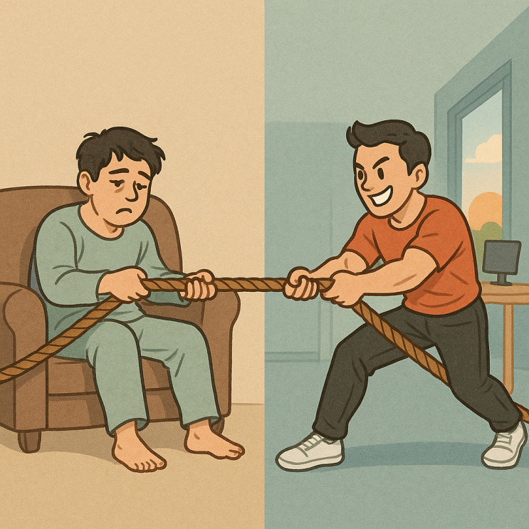  나태와 열정 사이, 매일 줄다리기 중