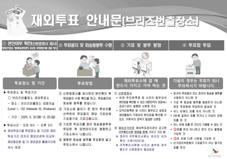  호주 브리즈번 재외국민, 국외부재자 대통령 선거 위치, 시간, 준비물 안내