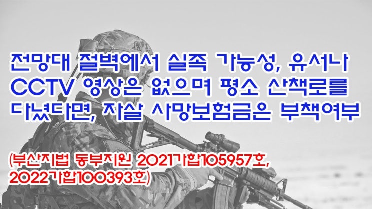  (유1393) 전망대 절벽 실족 가능성, 유서 CCTV 영상 없으며 산책로 다녔다면, 자살 사망보험금은 부책여부(부산지법 동부지원 2021가합105957, 2022가합100393)