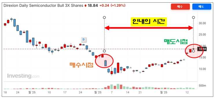  레버리지 ETF 무서움? SOXL 물 타고 버텨 최고가 매도 성공하였습니다.