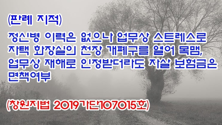  (유1415) (판례 지적) 정신병 이력은 없으나 업무상 스트레스로 자택 화장실의 천장 개폐구를 열어 목맴, 자살 보험금은 면책여부(창원지법 2019가단107015)