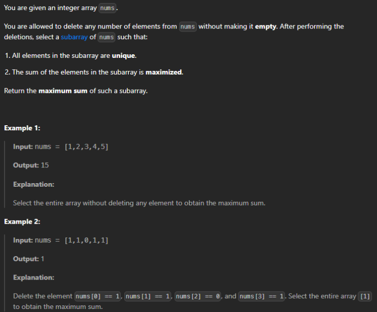  JAVA_LeetCode 3487_Maximum Unique Subarray Sum After Deletion