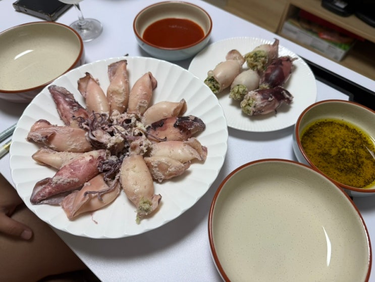  집에서 먹는 간단한 저녁 술안주 총알한치 통찜 야매 한치순대