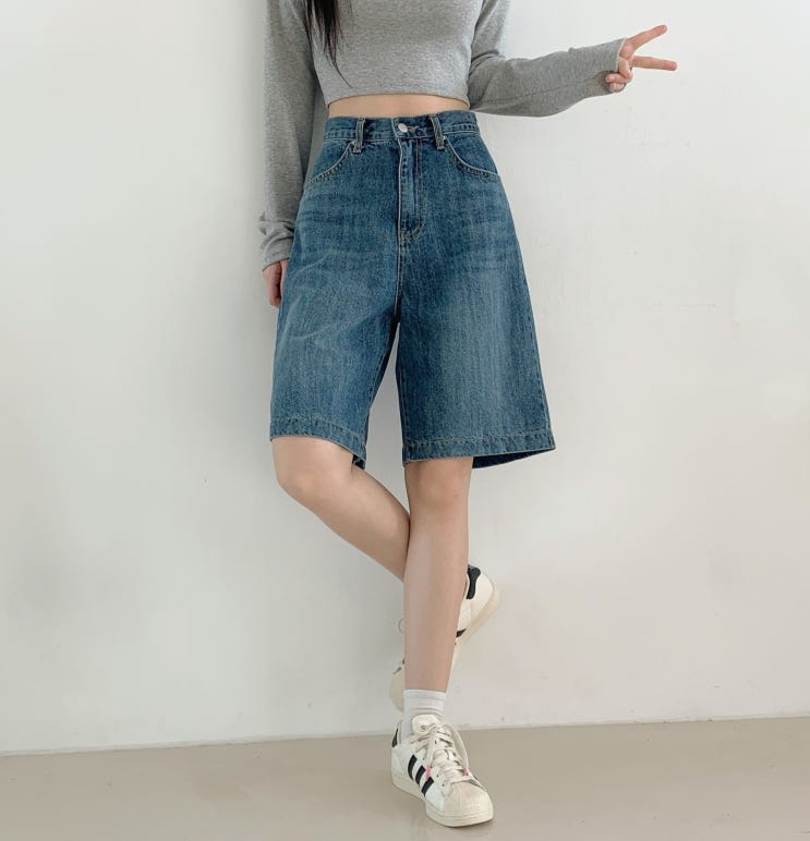  여름 여성 데일리 밴딩 버뮤다 와이드핏 진청 데님 반바지 팬츠 추천!