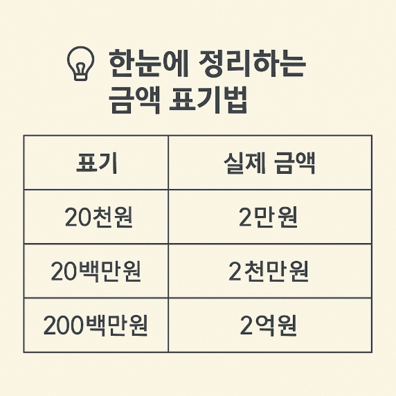  20천원 20백만원 200백만원 공문서 금액 표기 방법