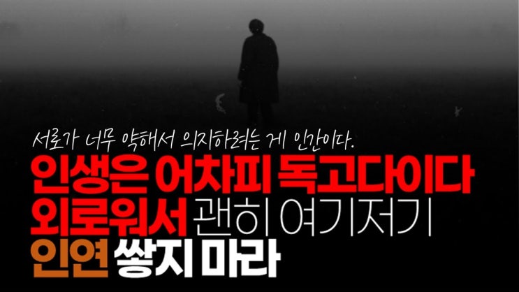 인생은 어차피 독고다이다. 외로워서 괜히 여기저기 인연 쌓지 마라. 서로가 너무 약해서 의지하려는 게 인간이다. 인생은 어차피 독고다이다. 외로워서 괜히 여기저기 인연 쌓지 마라. 서로가 너무 약해서 의지하려는 게 인간이다.