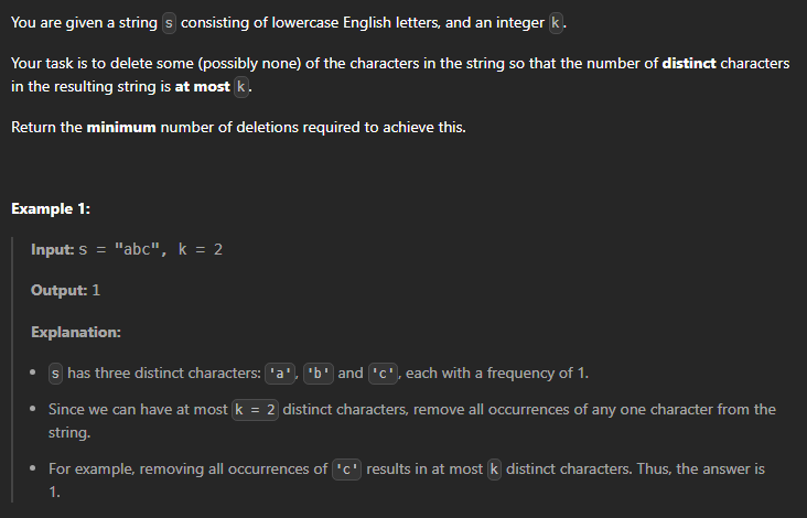  JAVA_LeetCode 3545_Minimum Deletions for At Most K Distinct Characters