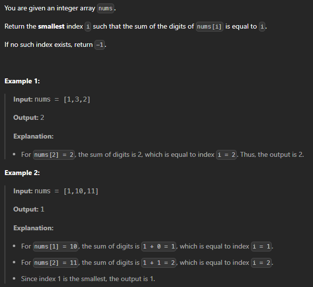  JAVA_LeetCode 3550_Smallest Index With Digit Sum Equal to Index