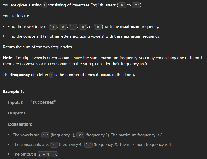  JAVA_LeetCode 3541_Find Most Frequent Vowel and Consonant
