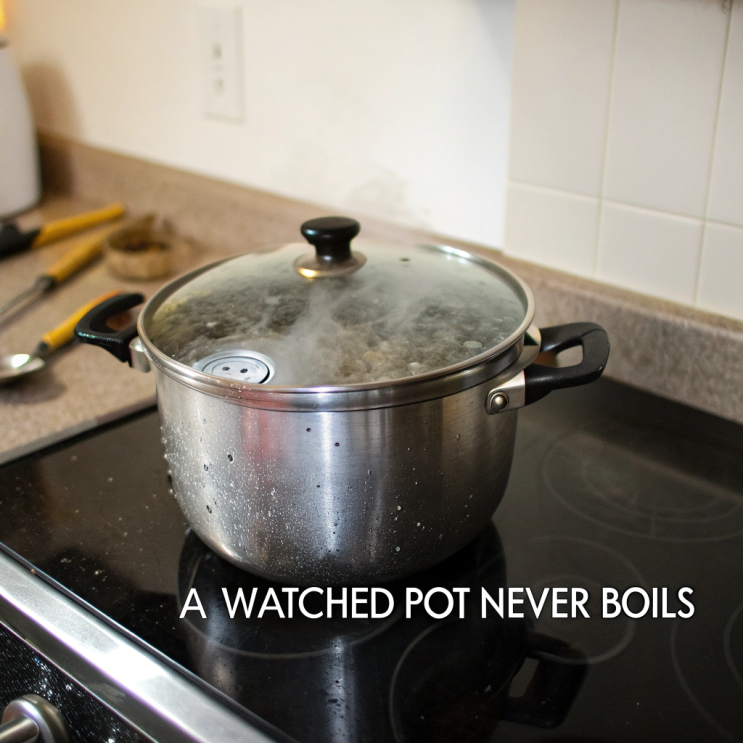  A watched pot never boils – 기다릴수록 더 늦게 느껴지는 영어 속담의 뜻과 예문, 급할수록 돌아가라