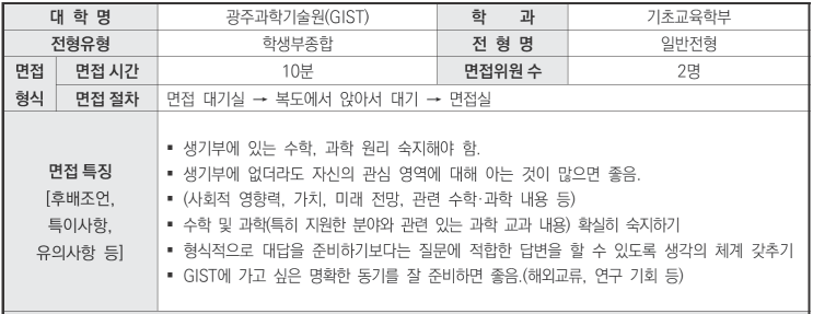  수원CMA수시컨설팅학원 2024학년도 광주과학기술원(GIST) 기초교육학부부 학생부종합 일반전형 면접 기출 문제