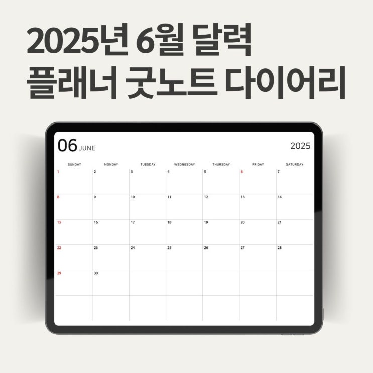  2025년 6월 달력 캘린더 먼슬리 굿노트 무료다운