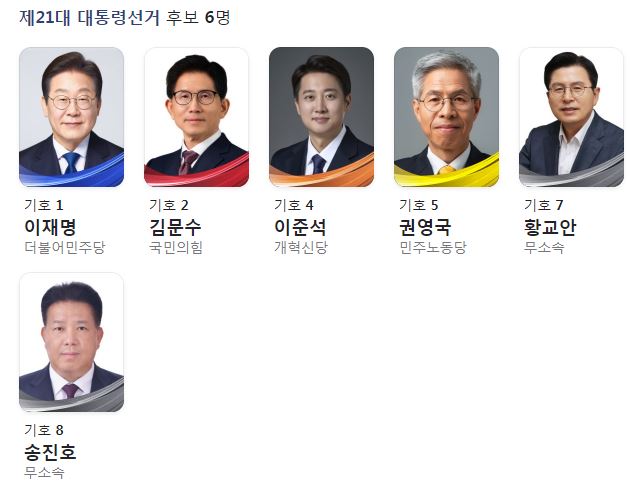 기호 1번 이재명 2번 김문수 4번 이준석 5번 <b>권영국</b> 8번 송진호