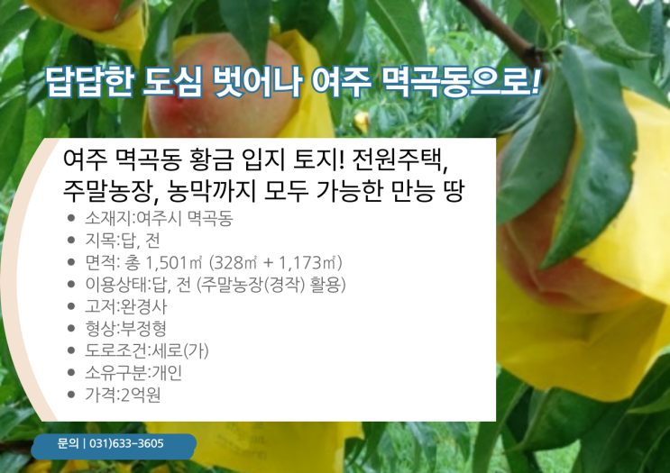   여주시 멱곡동 토지 투자 기회! 주말농장 & 전원주택 꿈을 현실로! 