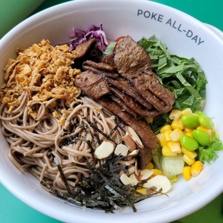  석촌역맛집:[Poke all day 포케&샐러드 잠실점] 내돈내산 비건 숯불 직화 미트 추가 들기름 메밀면 샐러드 후기/ 맛있어요!