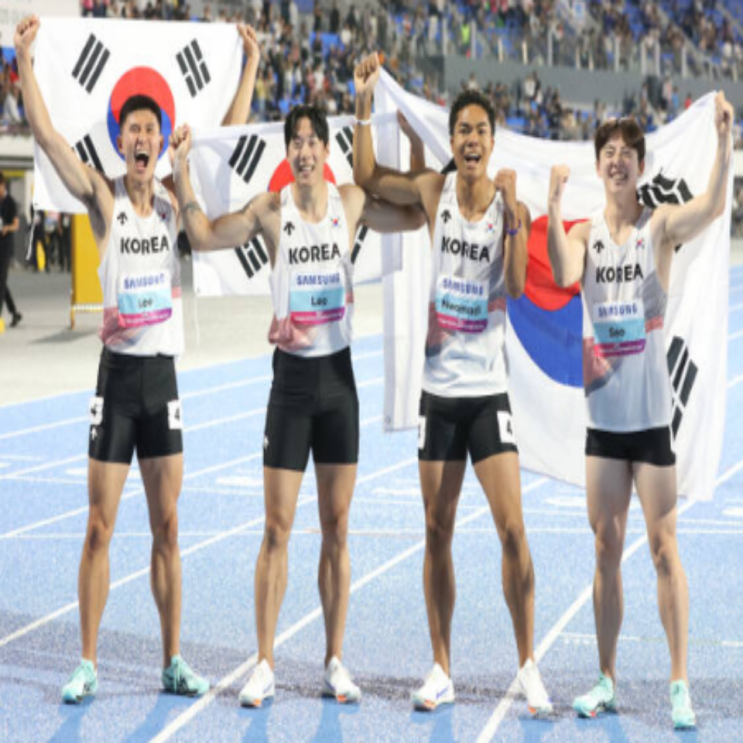 남자육상 400M 계주 대표팀 사상 첫 아시아선수권 금메달!! 대한민국 구미에서 열린 경기에서 한국기록 또 세우며 정상등극!! 서민준-나마디 조엘진-이재성-이준혁, 38초49신기록