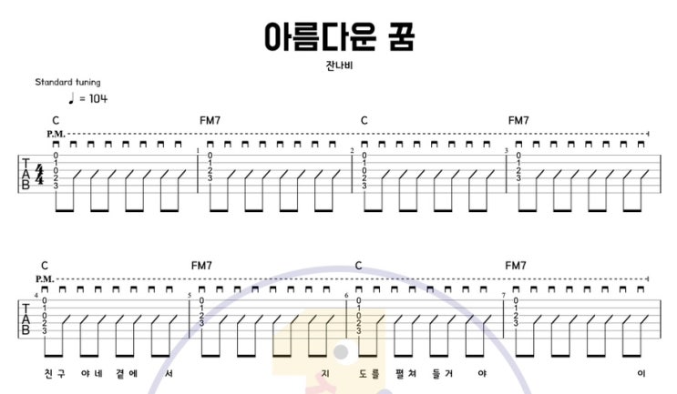  아름다운 꿈 - 잔나비(JANNABI)｜기타 코드 & 타브악보｜팜뮤트 리듬으로 통통 튀는 연습곡