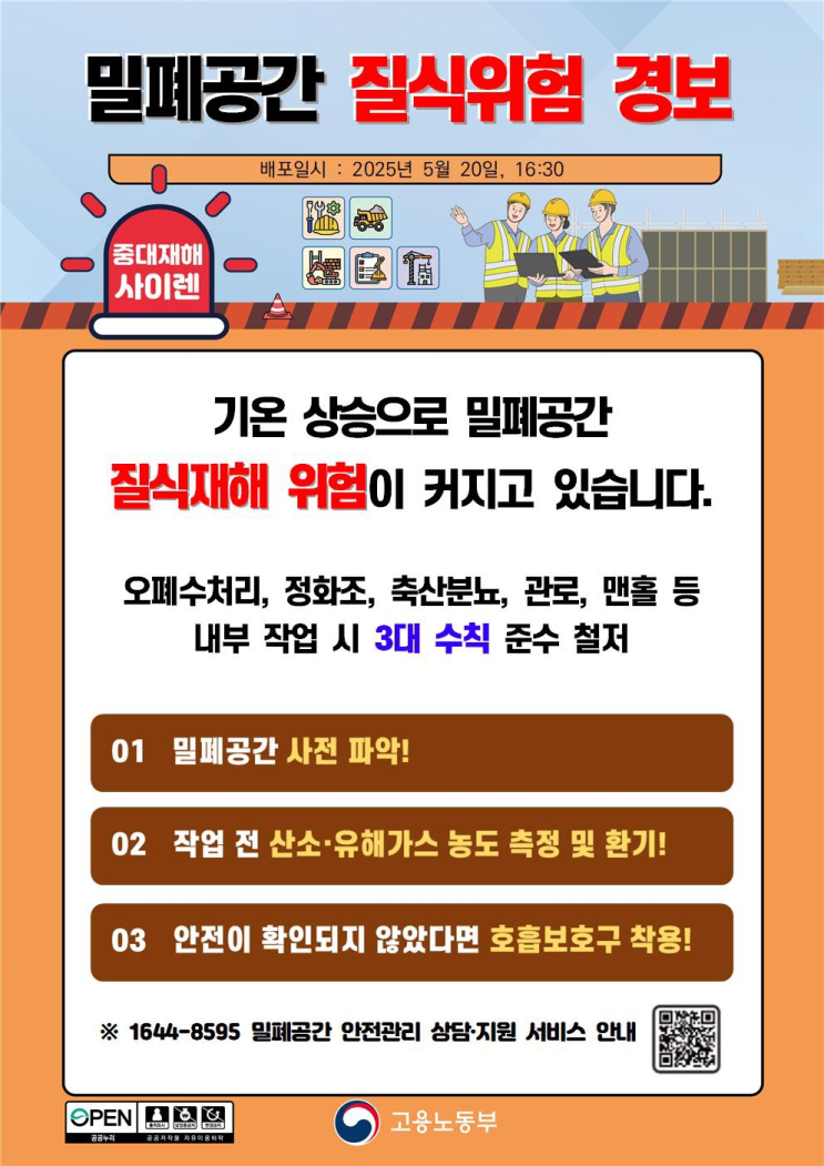  중대재해 밀폐공간 질식위험 경보