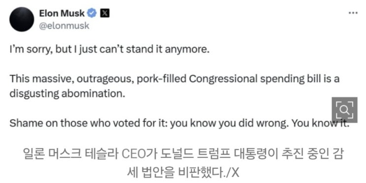 <b>머스크</b>, <b>트럼프</b>의 <b>감세 법안</b>에 “역겹고 혐오스러워”