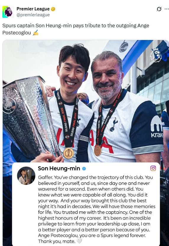 <b>손흥민 포스테코글루 감독</b> 경질 소식에 진심 어린 작별 인사... 
