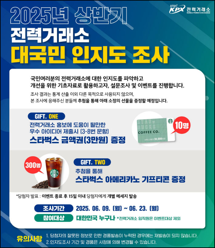 전력거래소 대국민 인지도 설문조사(스벅 300명)추첨~06.23 전력거래소 대국민 인지도 설문조사(스벅 300명)추첨~06.23