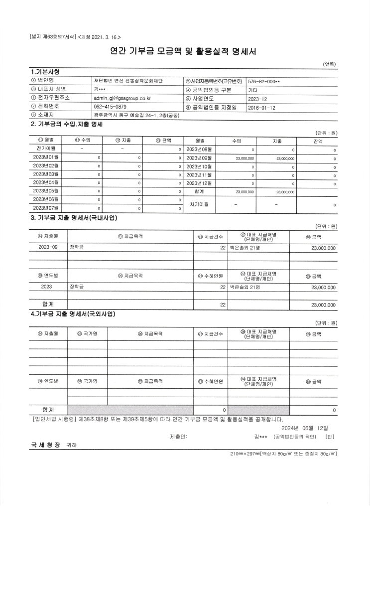  2023년 기부금 모금액 활용실적 명세서