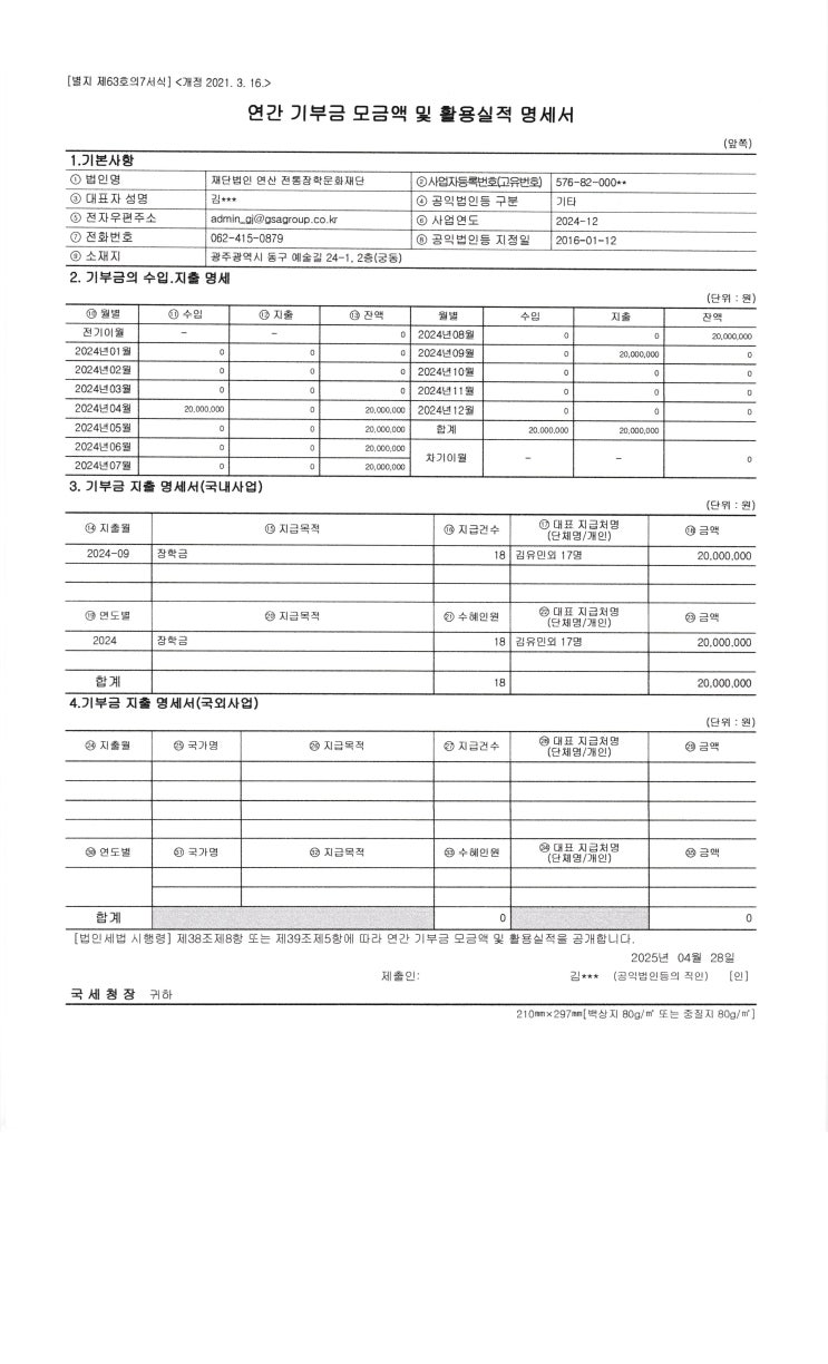  2024년 기부금 모금액 활용실적 명세서