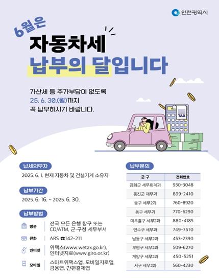인천시, 2025년 6월 정기분 자동차세 1,337억 원 부과