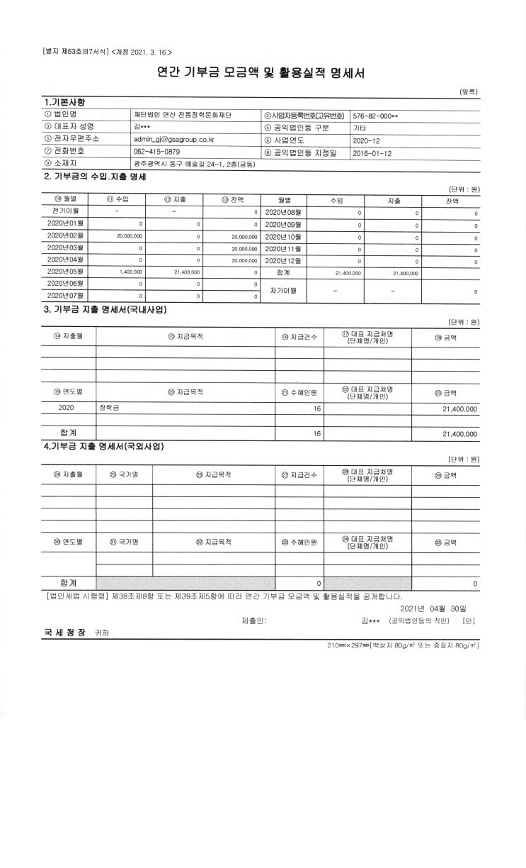  2020년 기부금 모금액 활용실적 명세서