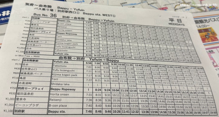  일본 여행 벳푸에서 유후인 버스 36번 실제 소요시간 최신 시간표 정류소 위치