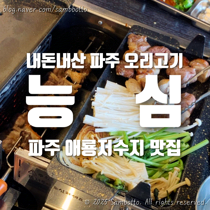  [내돈내산] 파주 오리 꼬치 맛집, 애룡저수지 뷰 맛집 ‘능심’ – 회전 숯불구이의 진수!