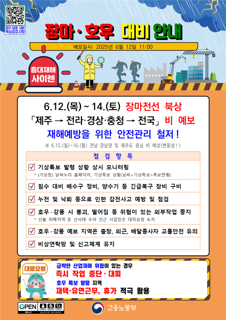  장마철 건설현장 안전수칙 및 작업중지권
