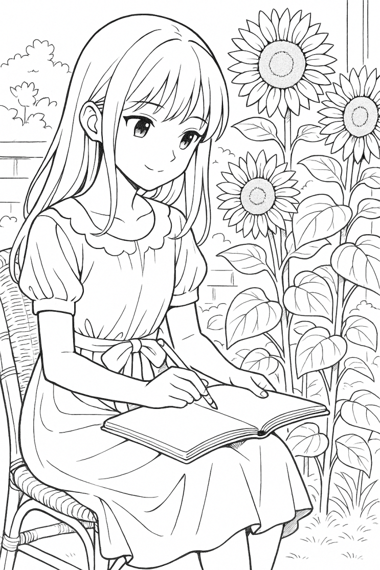 색칠도안 해바라기 정원에서 그림 그리는 소녀