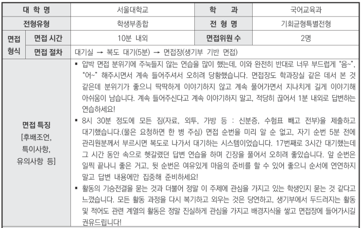  수원CMA입시컨설팅학원 2024학년도 서울대학교 국어교육과 학생부종합 기회균형특별전형 면접 기출 문제