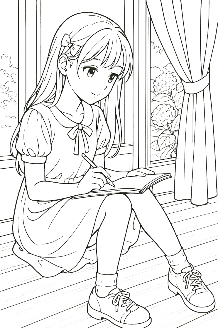 색칠도안 창가에서 그림 그리는 소녀