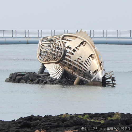 제주 신창 풍차와 대형 다금바리 조형물 있는 싱계물공원