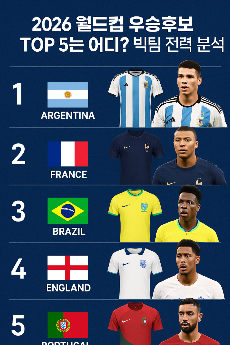 2026 <b>월드컵 우승</b>후보 TOP 5는 어디 빅팀 전력 <b>분석</b>