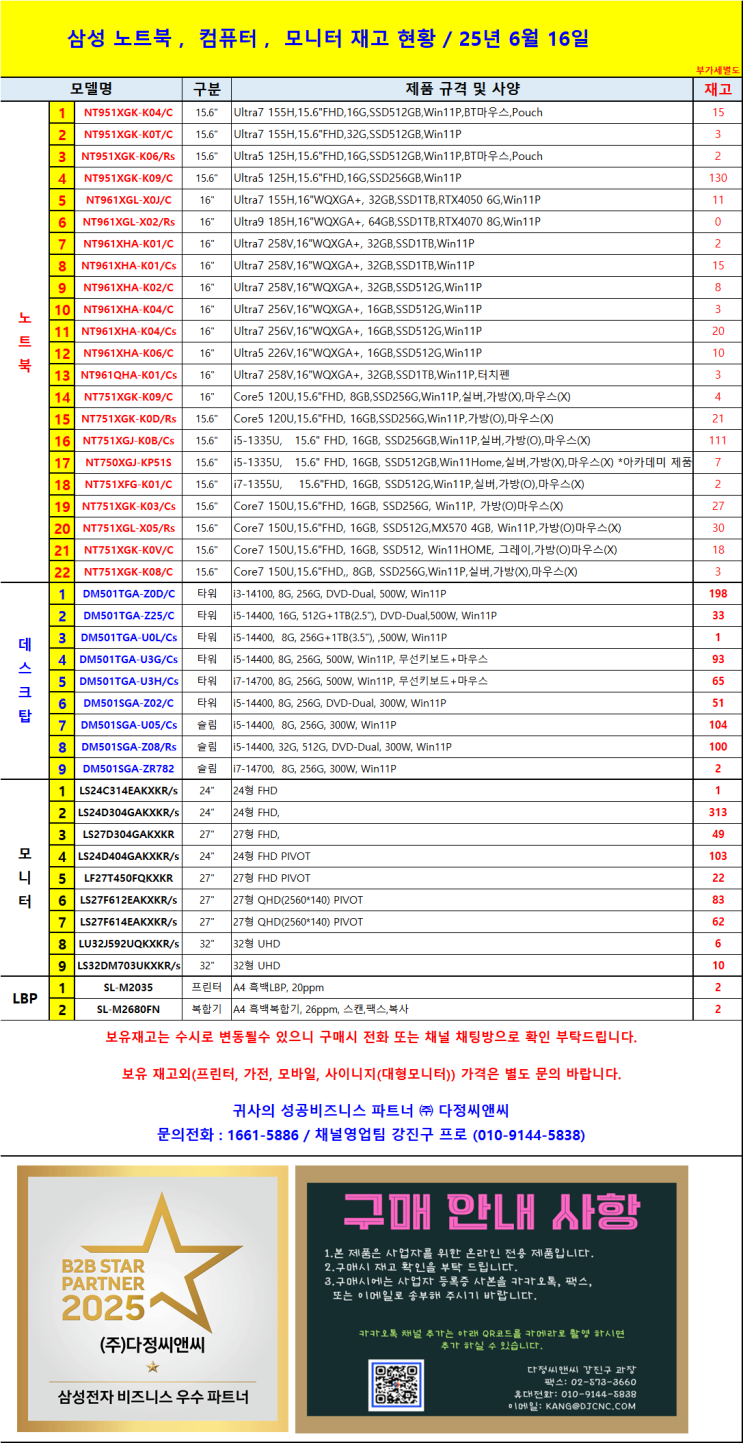   삼성 노트북·모니터·데스크탑 재고 현황 (2025년 6월 16일 기준)