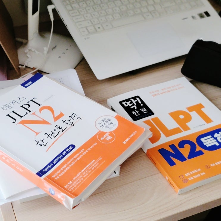  일본어 시험 JLPT 2급 공부 중인 강아지 책상 컷