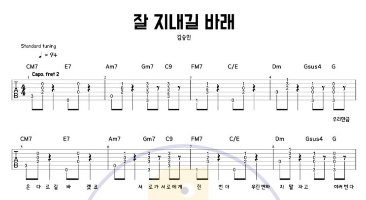  잘 지내길 바래 - 김승민｜기타 코드 & 타브악보｜퍼커시브 감성 연습곡