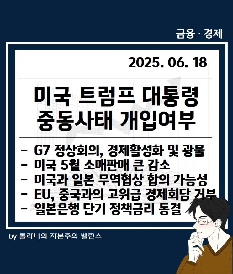 미국 트럼프 대통령 중동사태 개입 여부, 5월 소매판매 큰 감소 등 주요 국가 경제·금융 동향
