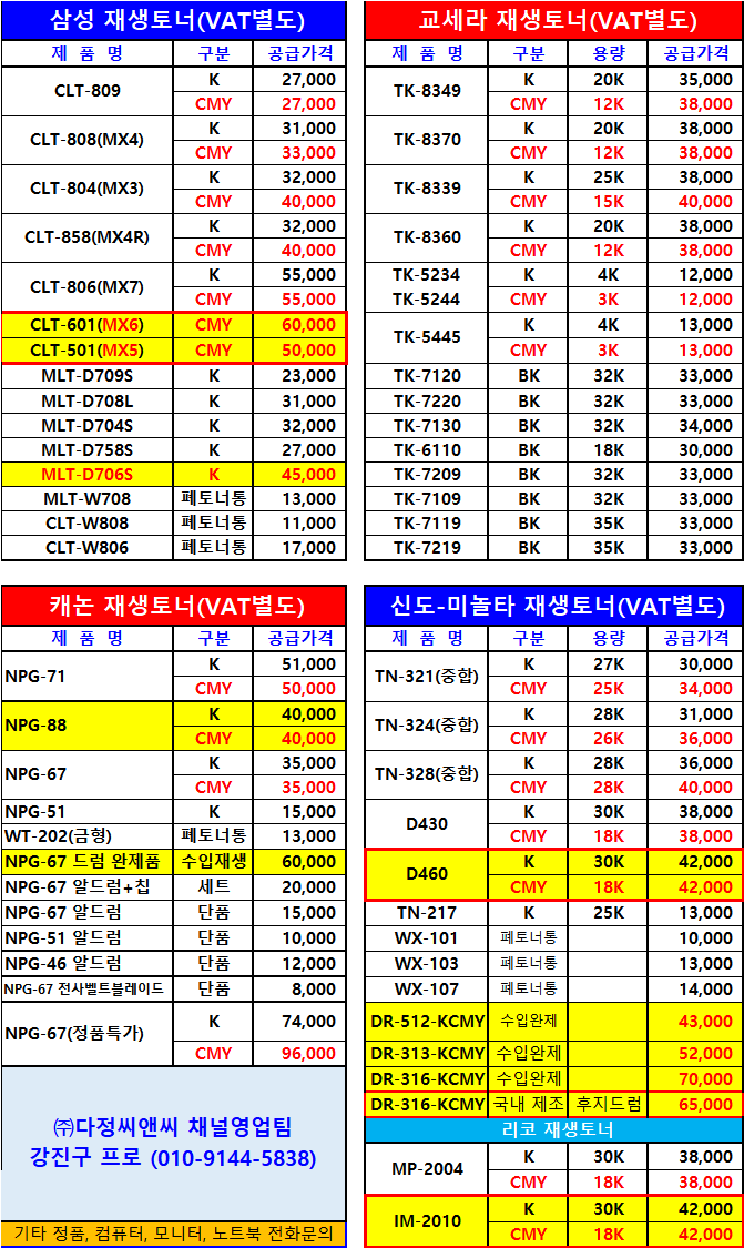   2025년 6월｜복합기 렌탈 사업자 전용 재생토너 단가표 공지