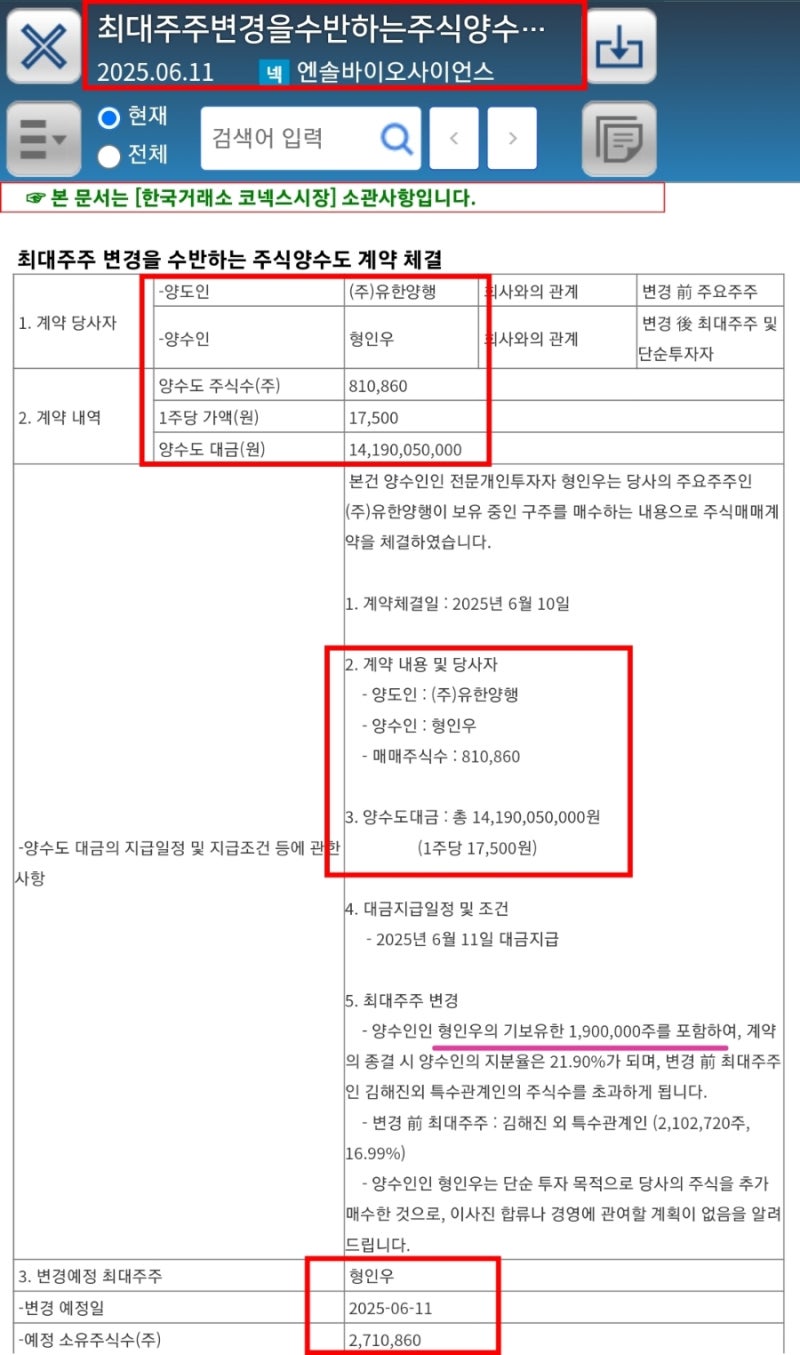엔솔바이오사이언스 최대주주 변경 슈퍼개미 형인우 유한양행 지분 매수 : 네이버 블로그