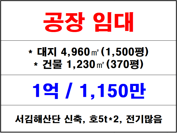  서김해 공장 임대, 산업단지 300평대 신축 공장