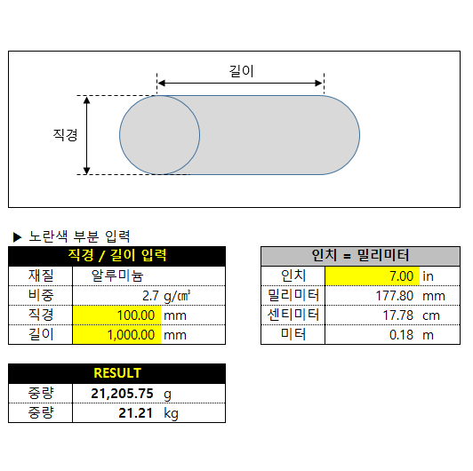  AL압출 BILLET(빌렛) or 환봉(BAR)제품 중량 구하기